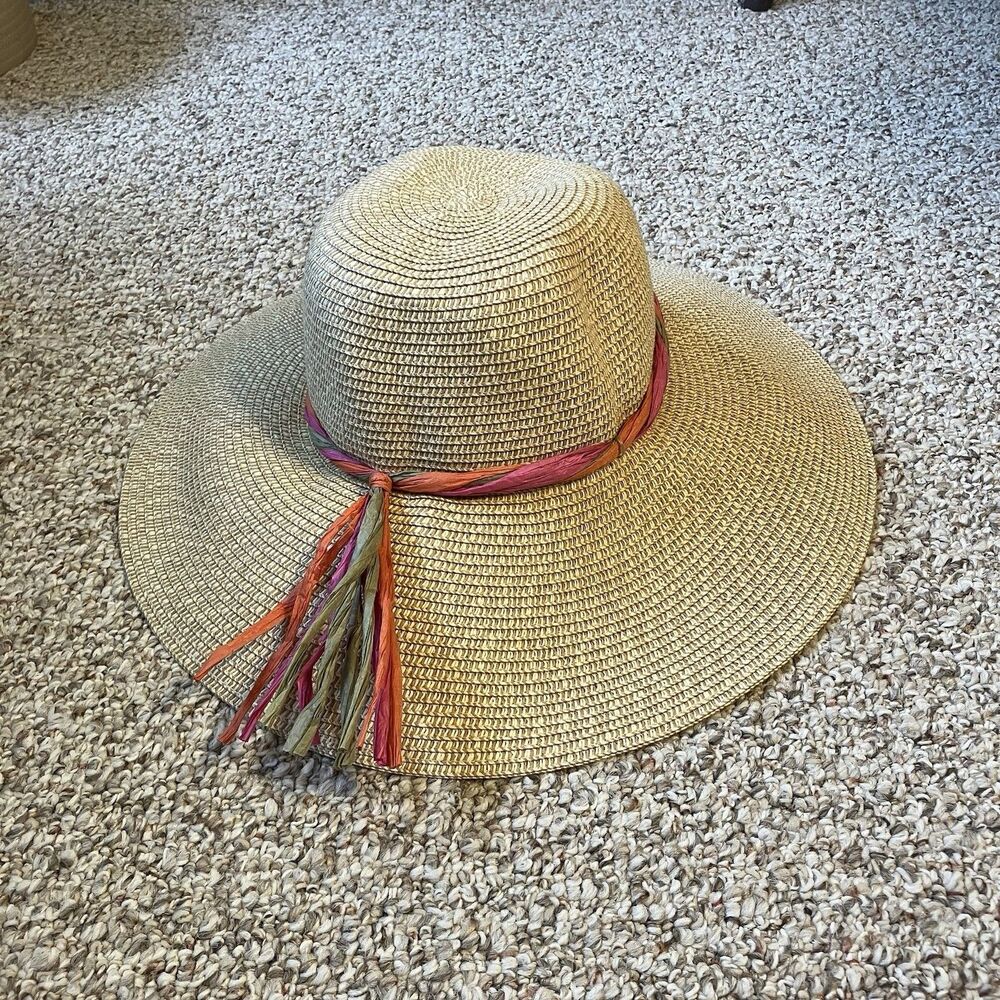 Tahari Womens Straw Sun Hat Tan Paper Beach Summer Wide Brim Packable Vacation